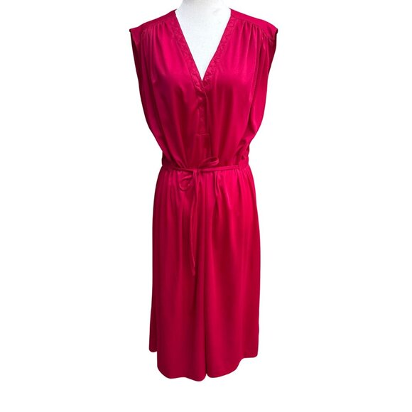 Vintage Womens Liquid Knit Red Sleeveless V Neck Elastic Tie Waist Midi Dress - Picture 1 of 8